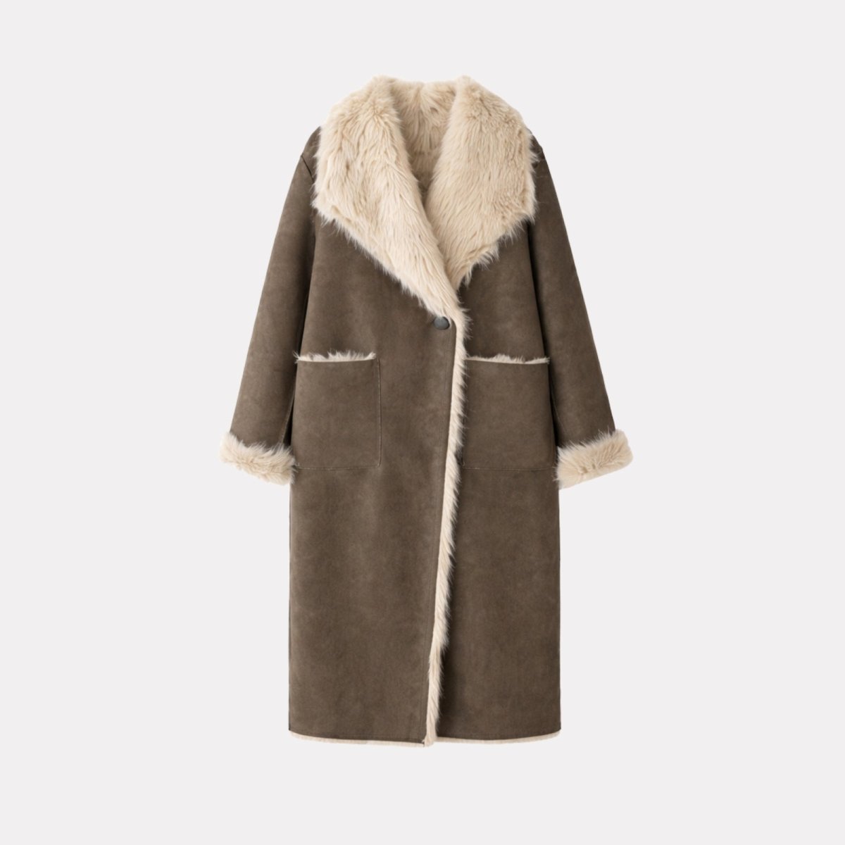 Flatlay product shot of an brown longline coat with plush faux shearling lapels and patch pockets.