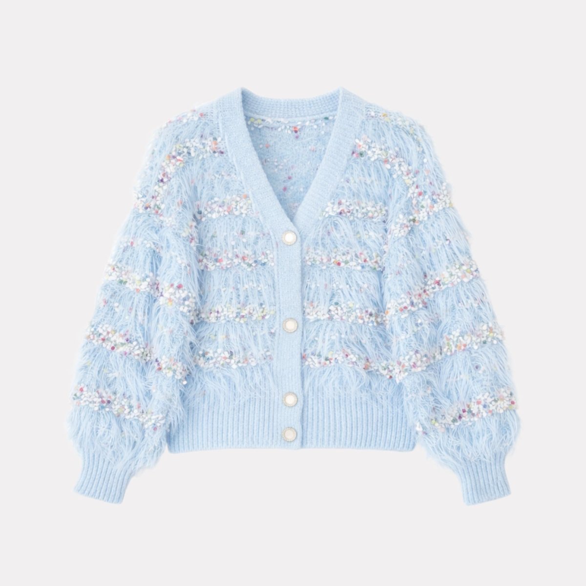 Flat lay product shot of the front of the Kouvr Fashion Kyra cardigan in blue, showing the pearl buttons and sequin detail.