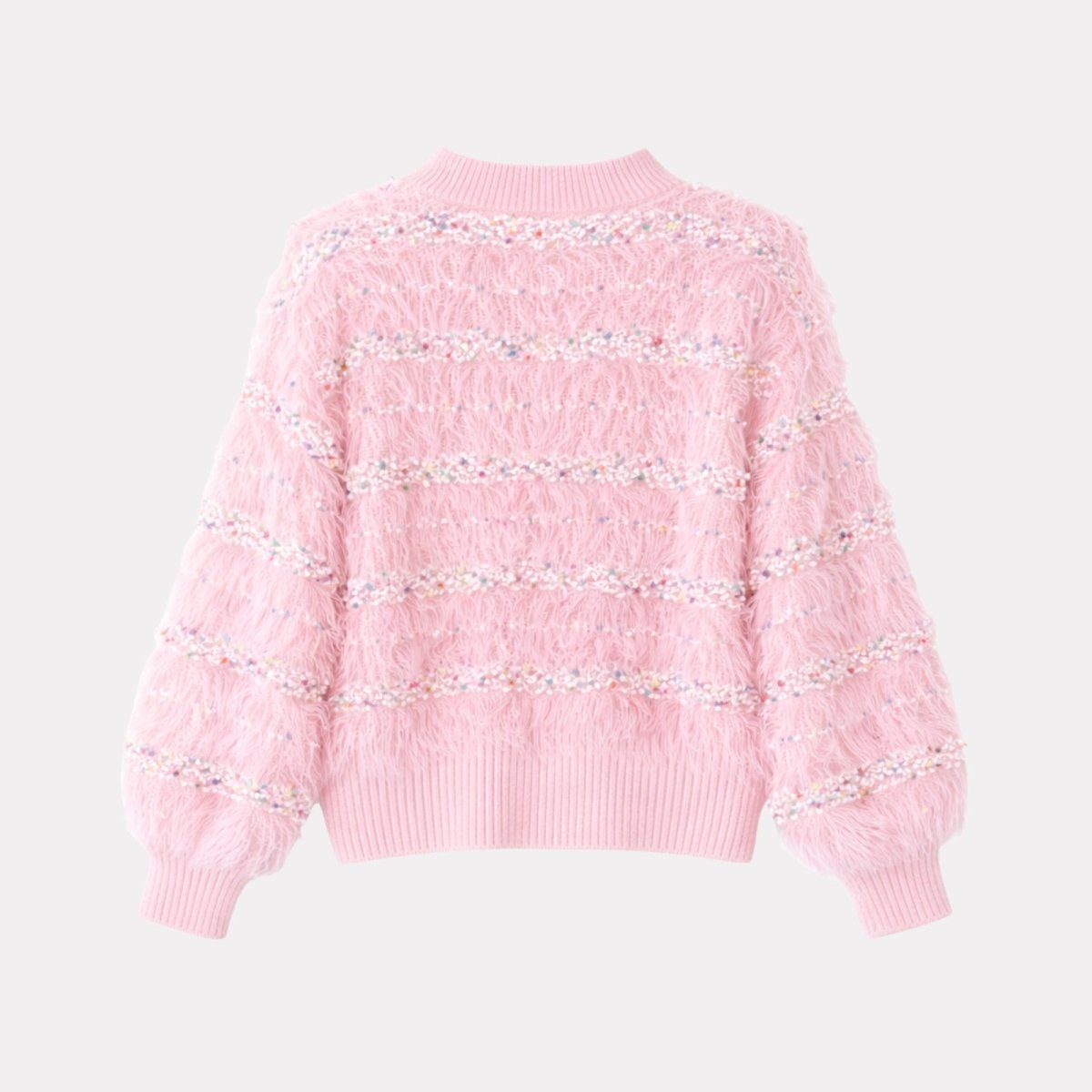 Flat lay of the back of the pink eyelash knit sweater with multi-color sequin embellishments.