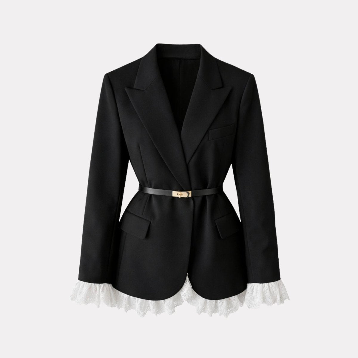 Product shot of the Kouvr Fashion black single-breasted blazer with its belt fastened and delicate white lace trim visible on the cuffs and hem.