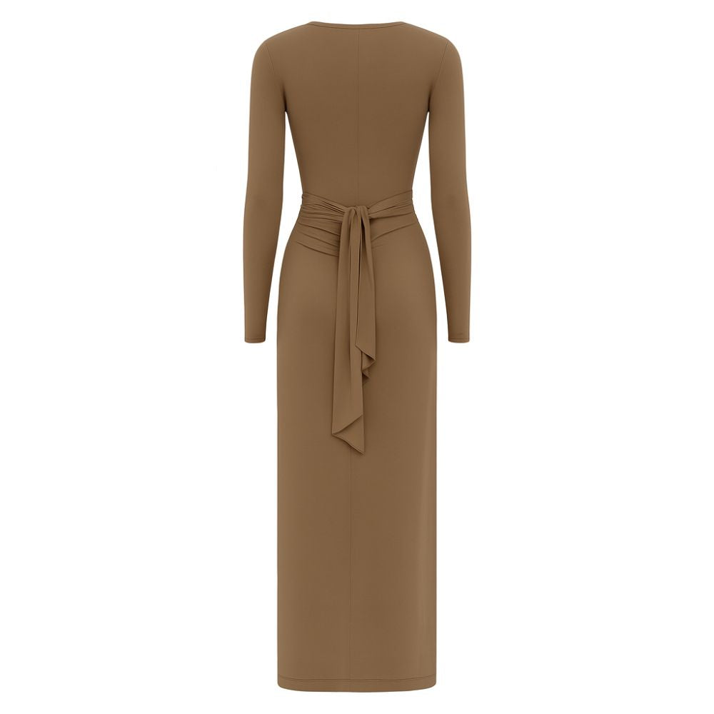 Khaki dress with long sleeves and a tie waist on a white background