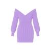 Flat lay product shot of the off-the-shoulder lavender ribbed knit sweater dress, detailing the texture and surplice V-neck construction.