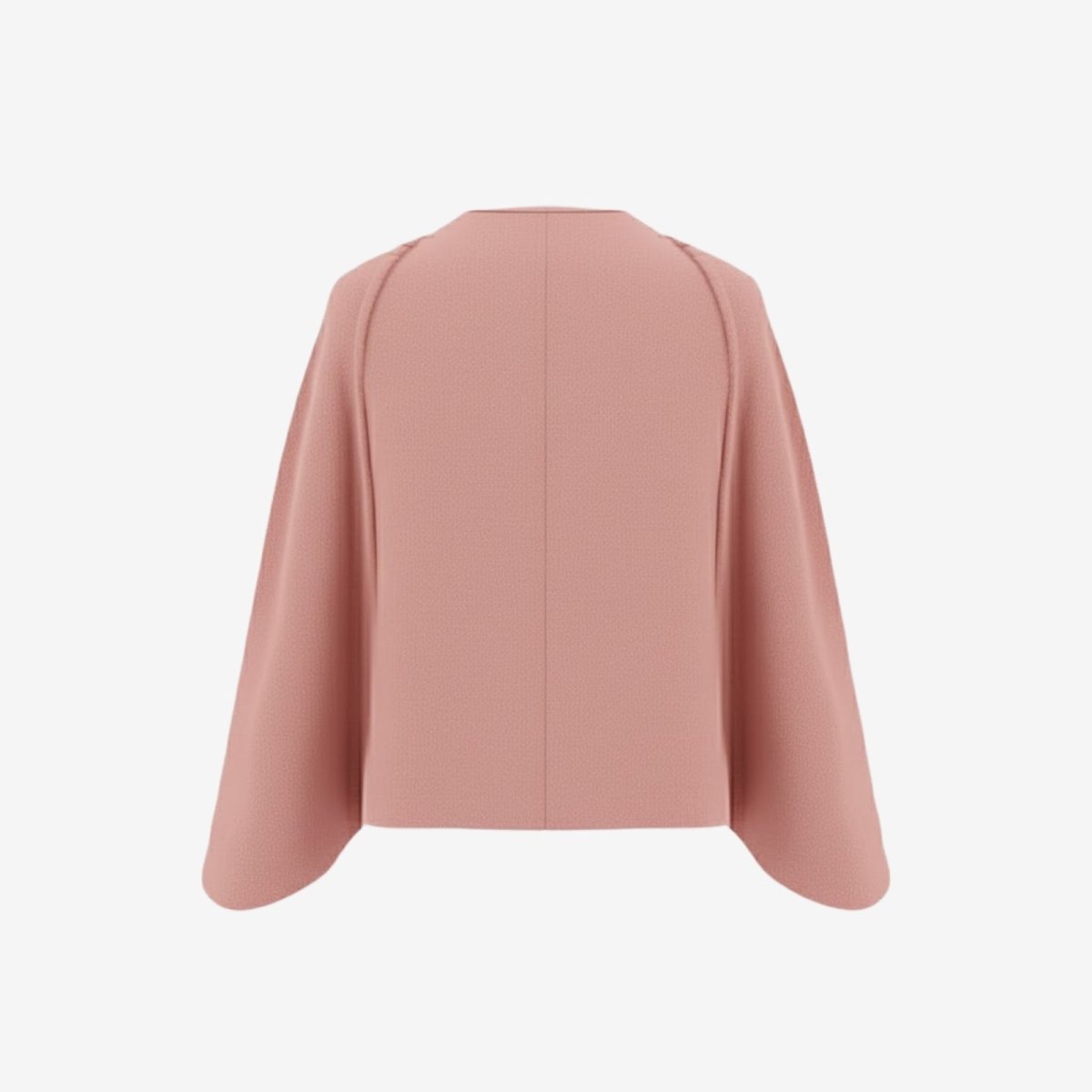 Back view of the Kouvr Fashion cropped wool-blend jacket, detailing the structured shoulder seams and minimalist design.