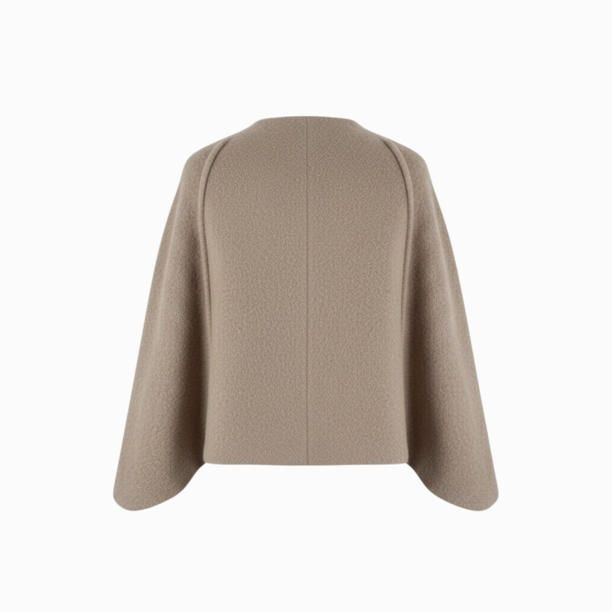 Flat product shot of the back of the Laverne khaki wool cape jacket, showing the structured shoulder and back seam detail.
