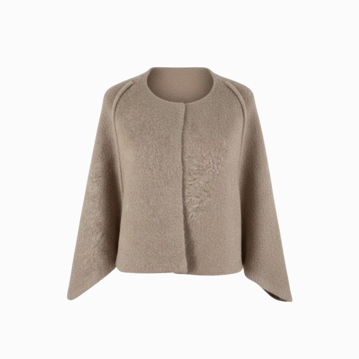 Flat product shot of the Laverne khaki wool-cashmere blend cape jacket with a round neckline and concealed closure.