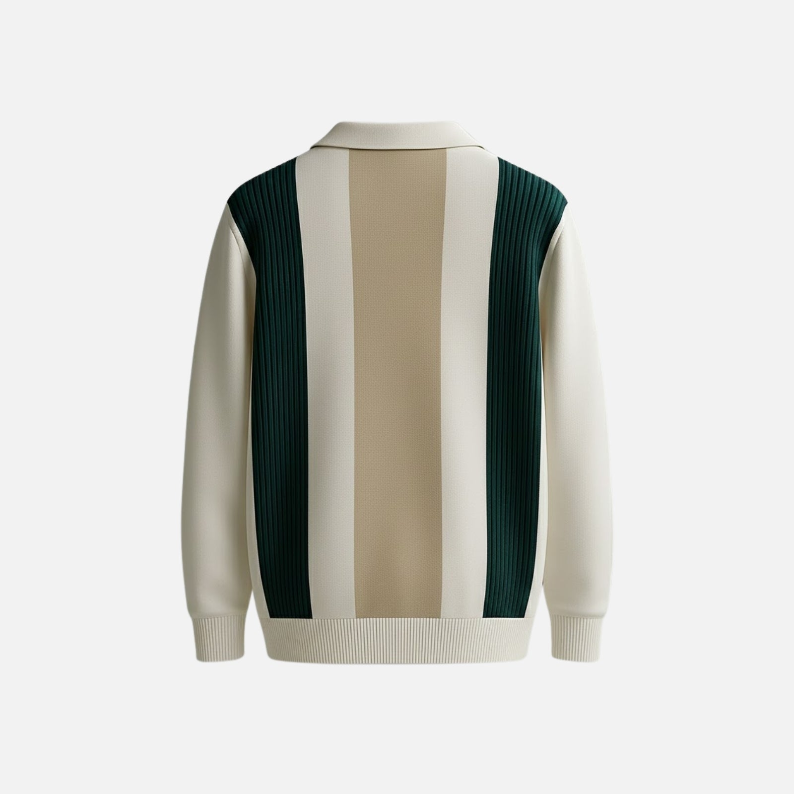Flatlay of the back of the Kouvr Fashion Leandro white, green, and beige striped knit polo, showing the full design details.