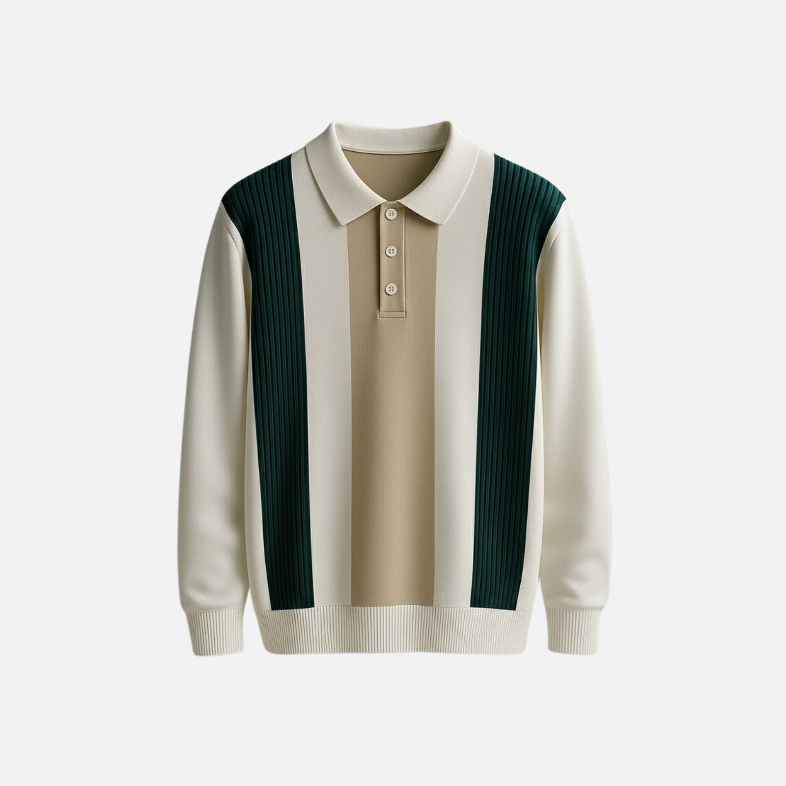 Product shot of the Kouvr Fashion Leandro long sleeve knit polo sweater with three-button placket laid flat on a white background.