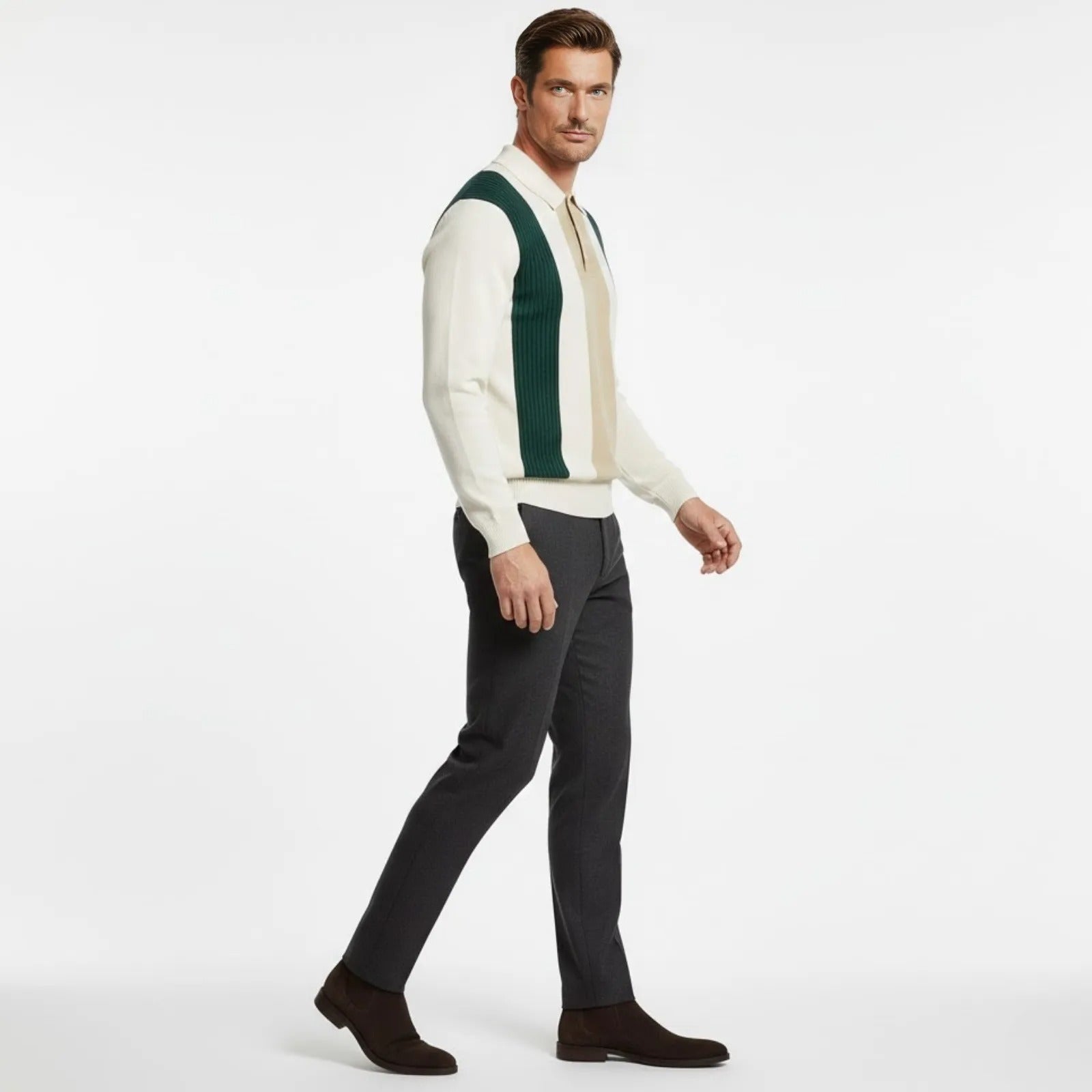 Side profile of a man walking in the Kouvr Fashion Leandro vintage style long sleeve polo sweater, showing its fit and texture.