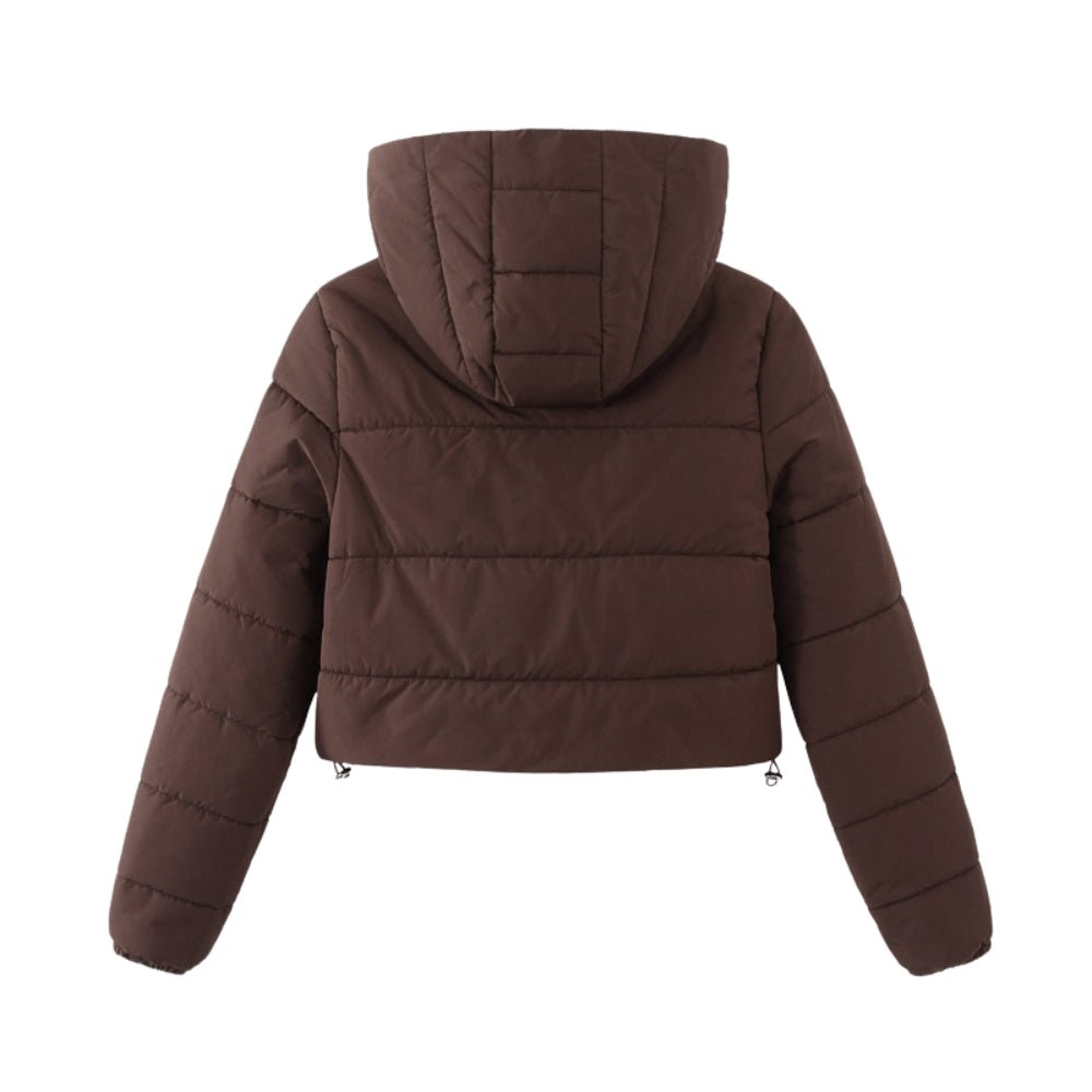 Brown Kouvr puffer jacket with a hood on a white background