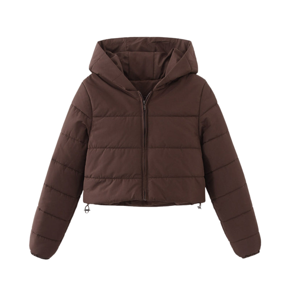 Brown Kouvr puffer jacket on a white background