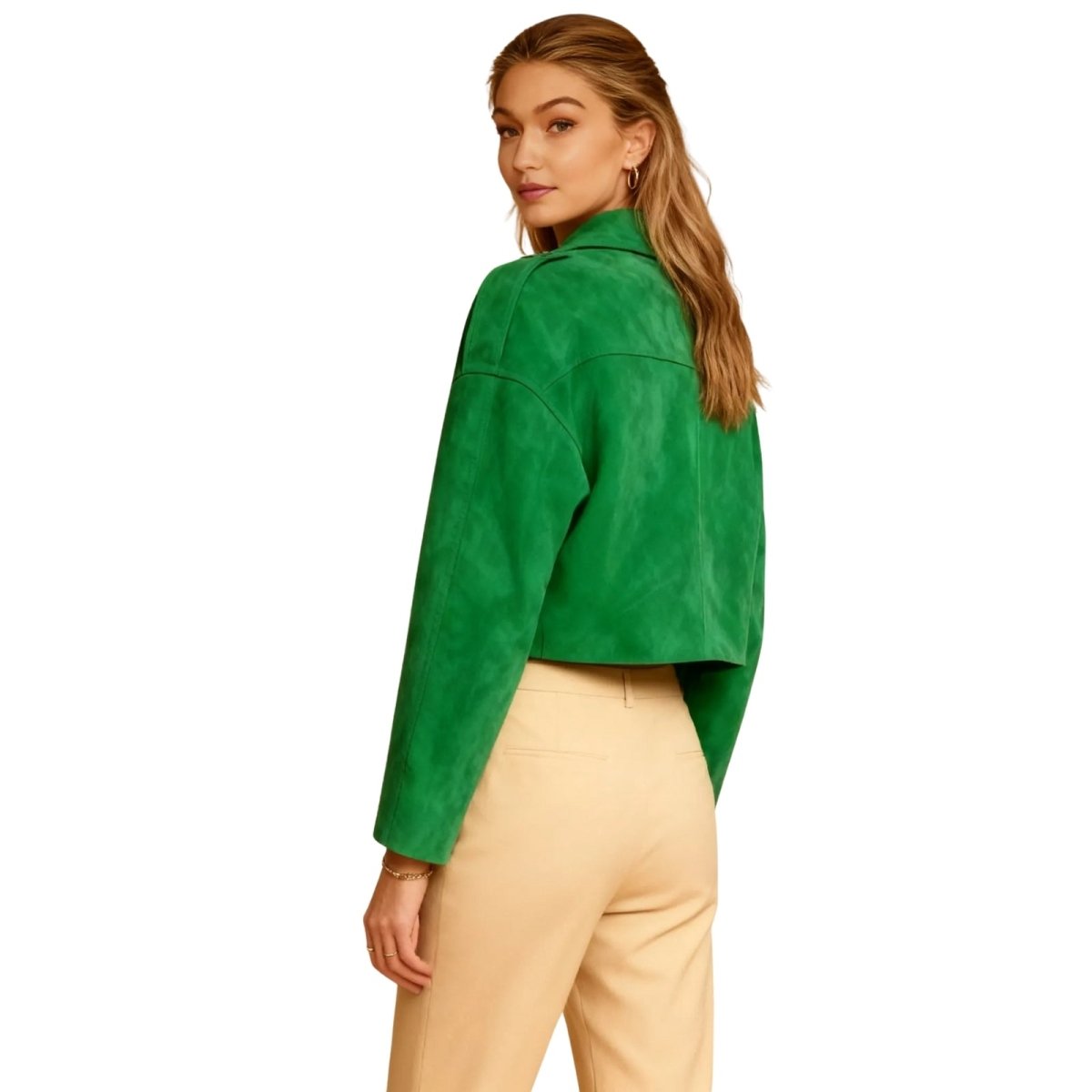 Kouvr Fashion cropped suede Keilani jacket in Green.