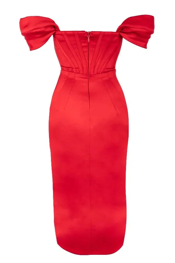 Bardot dress', 'bustier gown', 'crimson satin', 'scarlet cocktail dress