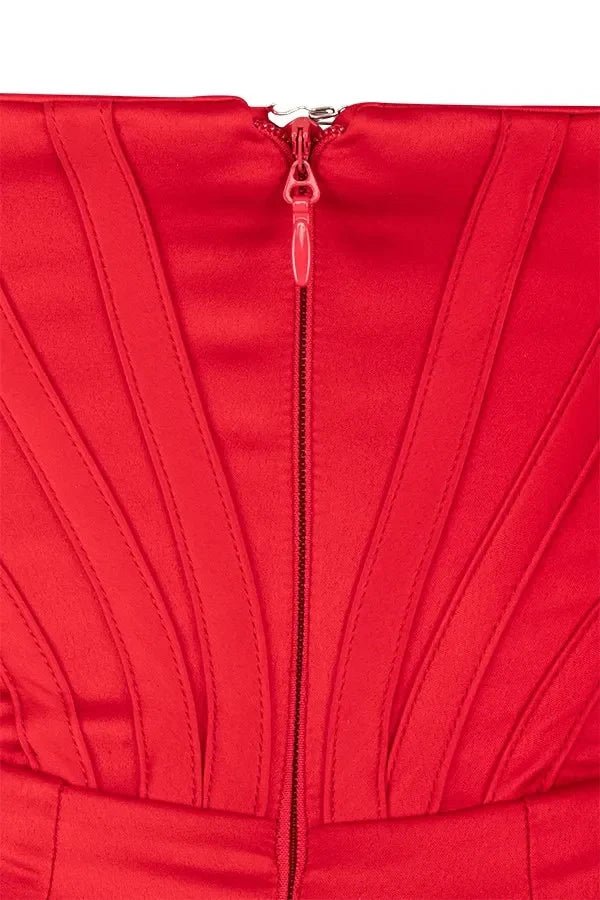 Bardot dress', 'bustier gown', 'crimson satin', 'scarlet cocktail dress