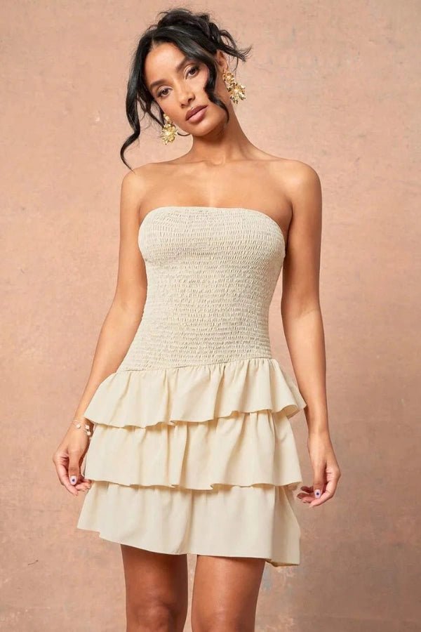 Strapless Smocked Tiered Ruffle Mini Dress | Summer Vacation & Party Bandeau Dress | Luxury European Cotton for Women by Kouvr Fashion Strapless Smocked Tiered Ruffle Mini Dress | Summer Vacation & Party Bandeau Dress | Luxury European Cotton for Women by Kouvr Fashion