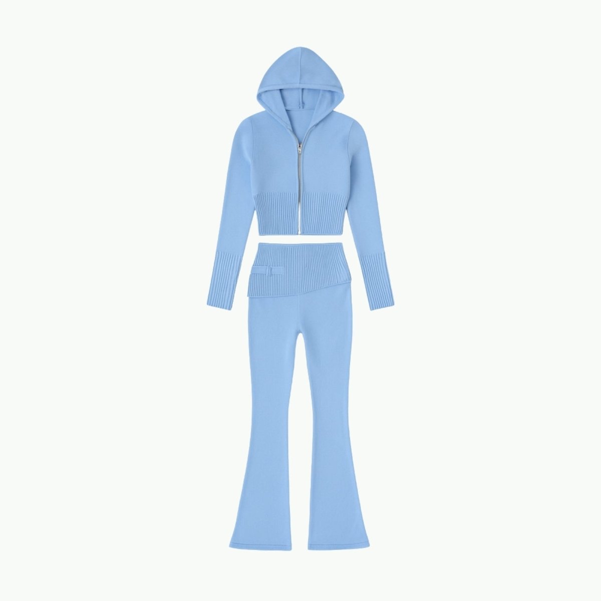 Flatlay product shot of the front of the Kouvr light blue knit hoodie and flared pants set on a white background.