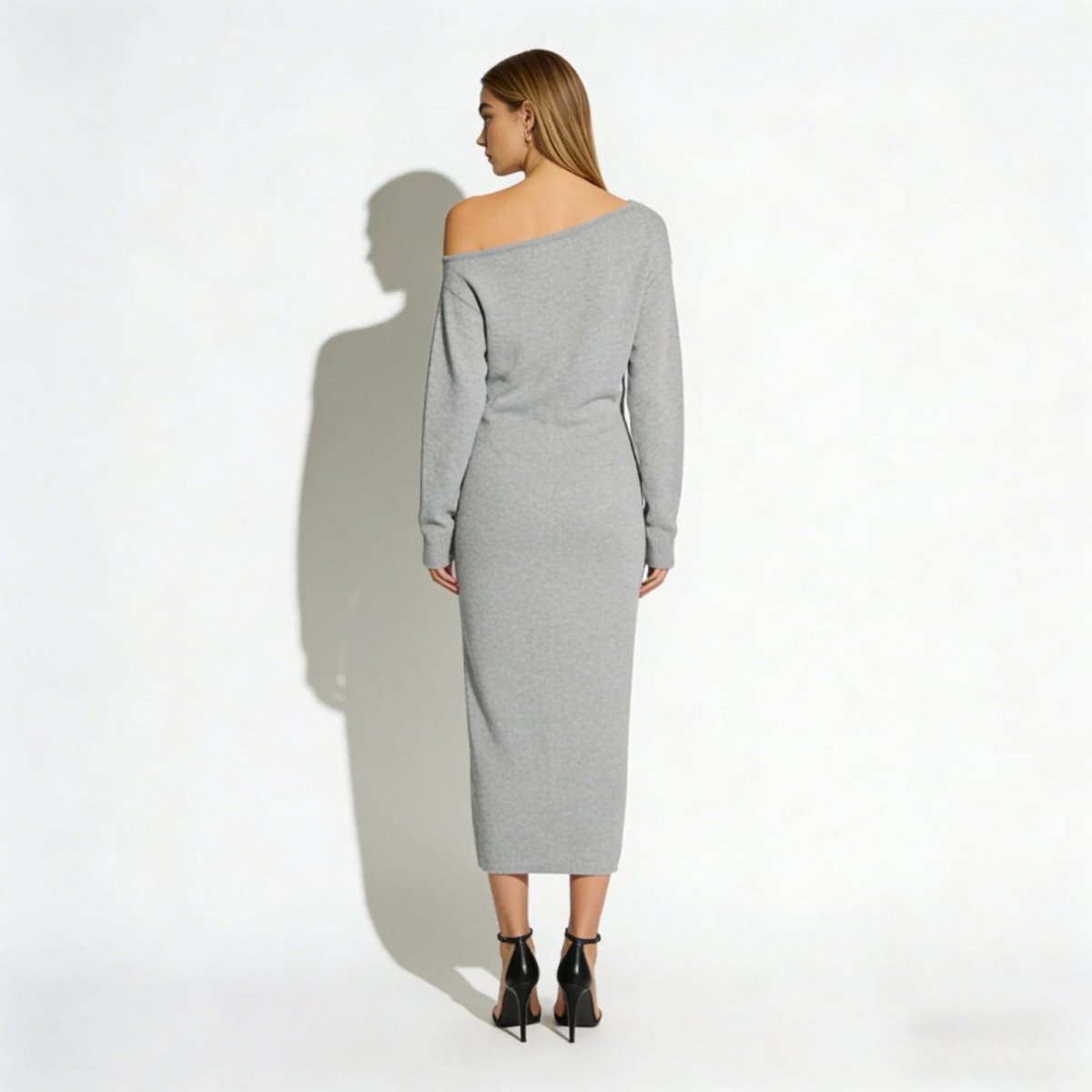 Back view of the Selena one-shoulder knit midi dress in heather light grey by Kouvr Fashion.