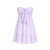 Product flat lay of a lilac ditsy floral print strapless mini dress, showing the front tie bow and tiered skirt.