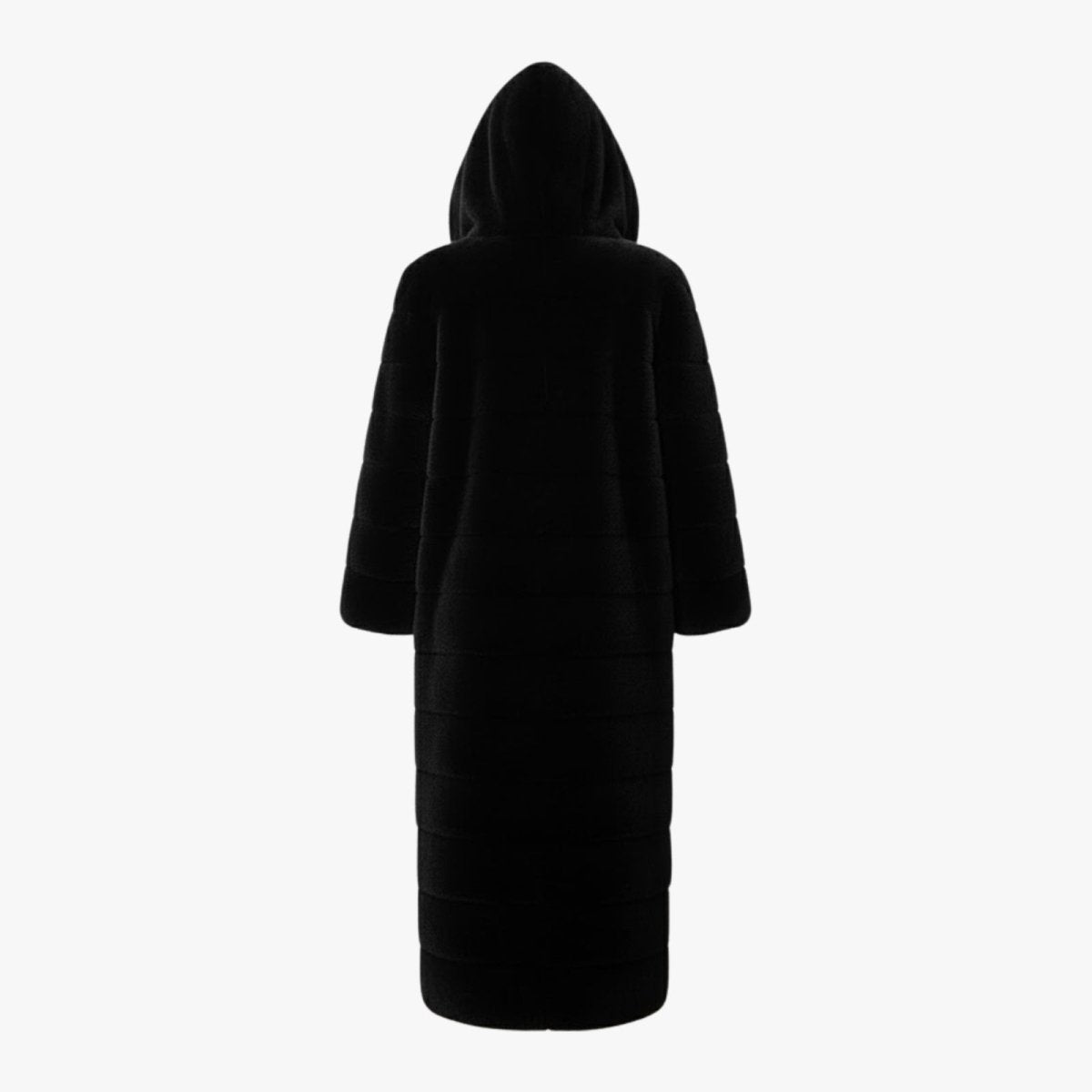 Flat-lay product shot of the back of the black hooded faux fur coat, showing the horizontal panel details.