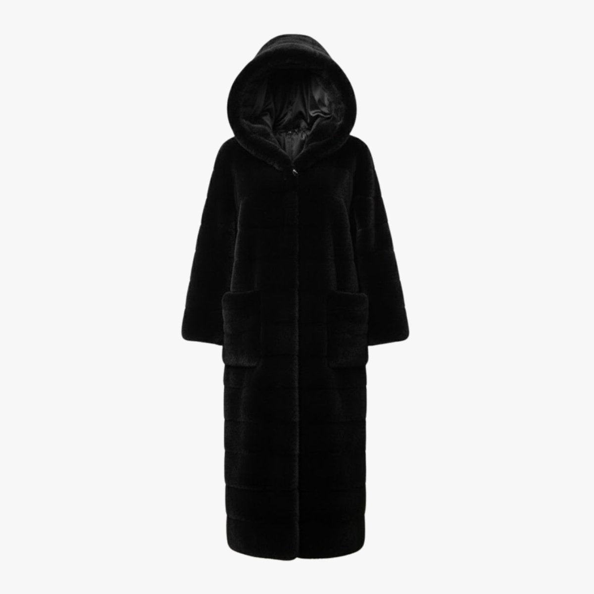 Flat-lay product shot of the black hooded faux fur coat, showing the front, pockets, and satin-lined hood.