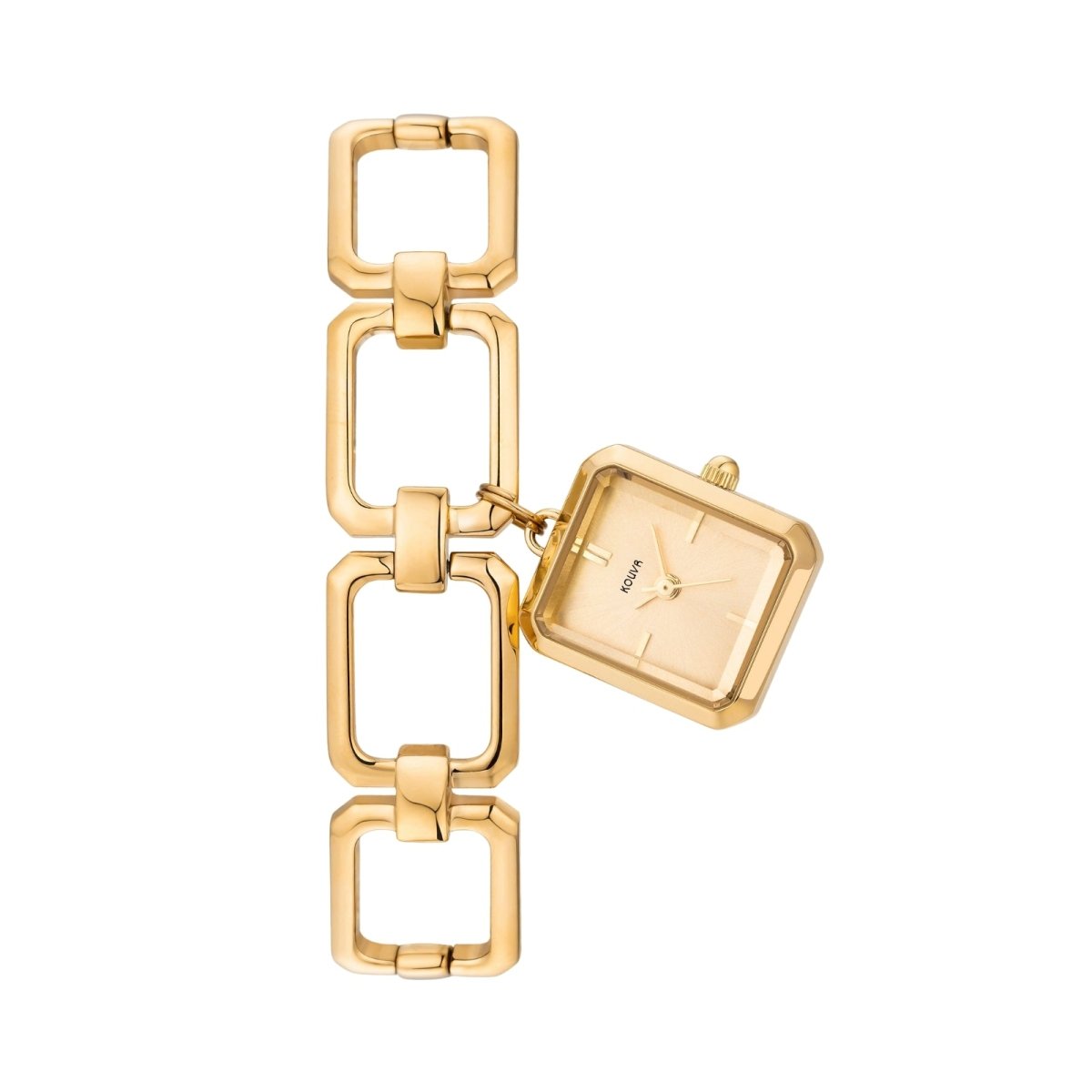 Gold kouvr watch with chain-link strap on a white background