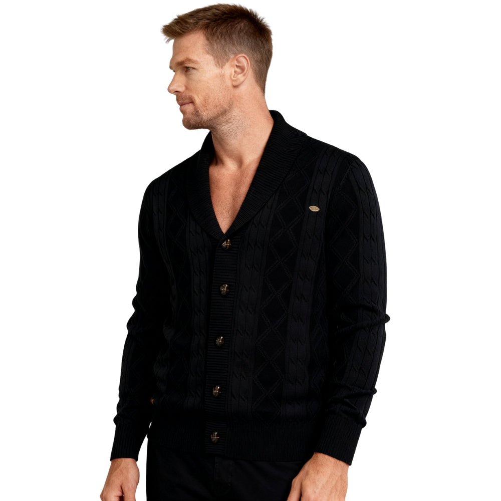 Man wearing a black kouvr  cardigan on a white background