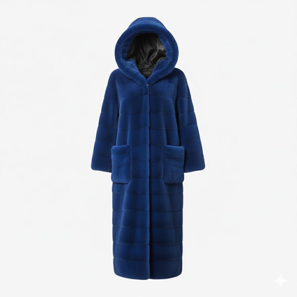 Product-only image of the Luisa royal blue hooded faux fur coat on a white background, showing the front with open pockets.