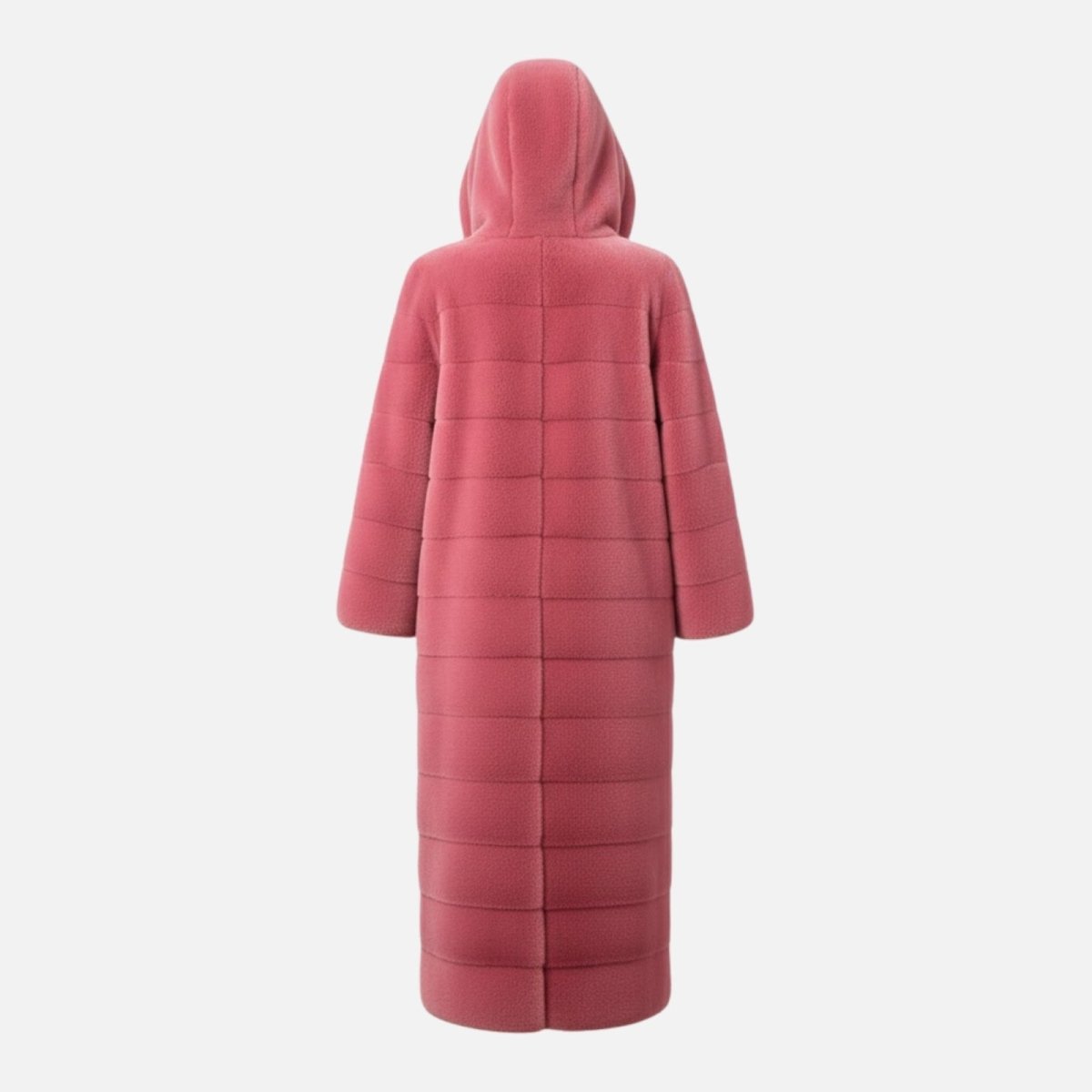 Flat lay back view of the long pink hooded coat, highlighting the full silhouette and quilted texture.