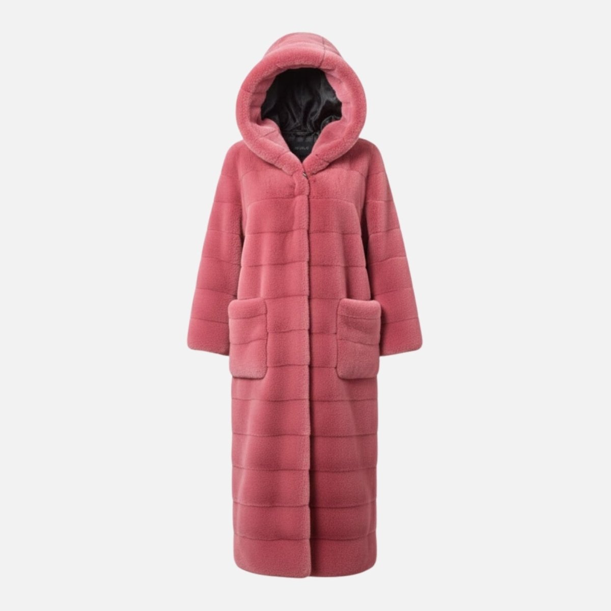Flat lay product shot of the pink faux fur hooded coat, showing the satin lining inside the hood.