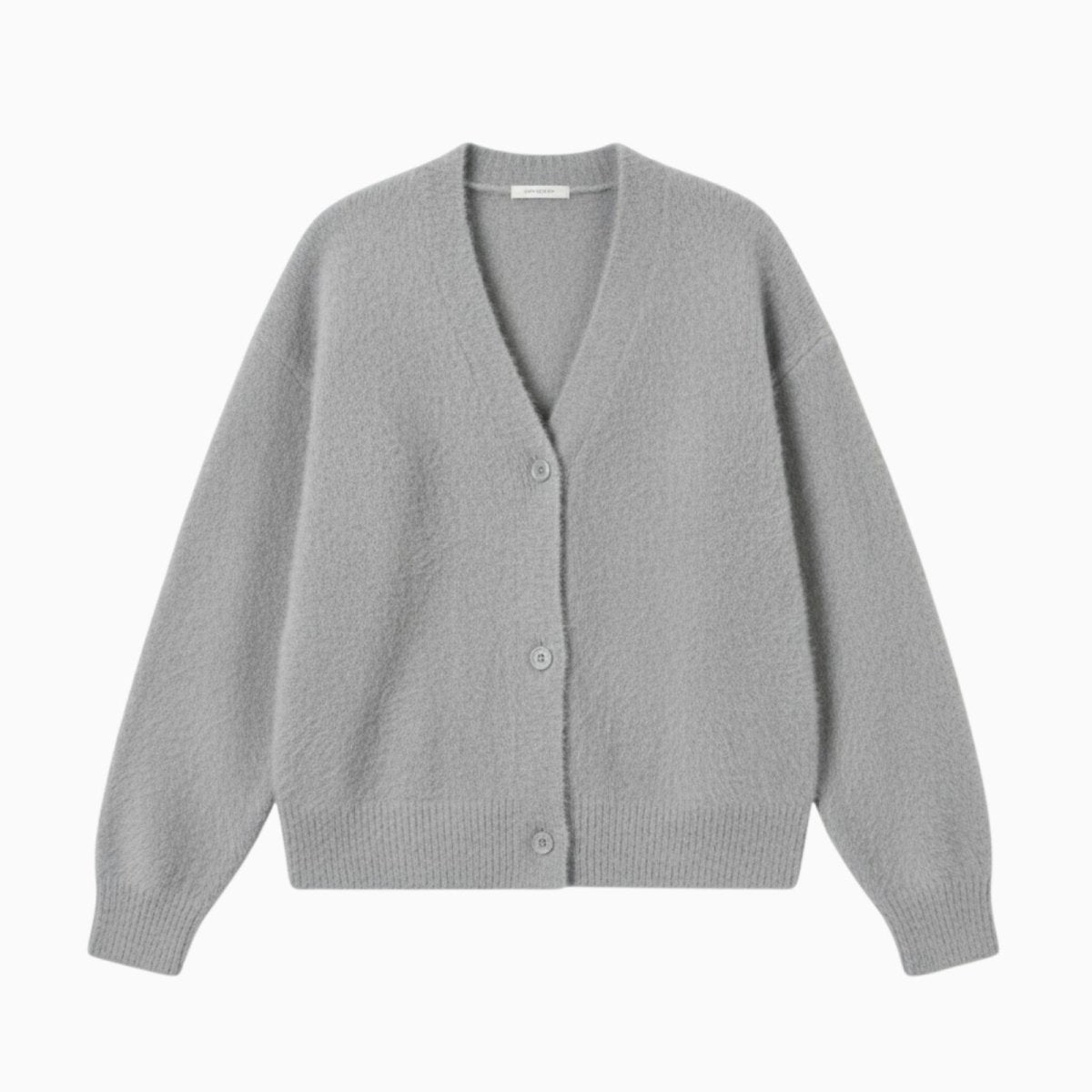 Flatlay of the Kouvr Fashion heather grey alpaca blend v-neck cardigan showing three buttons and texture.