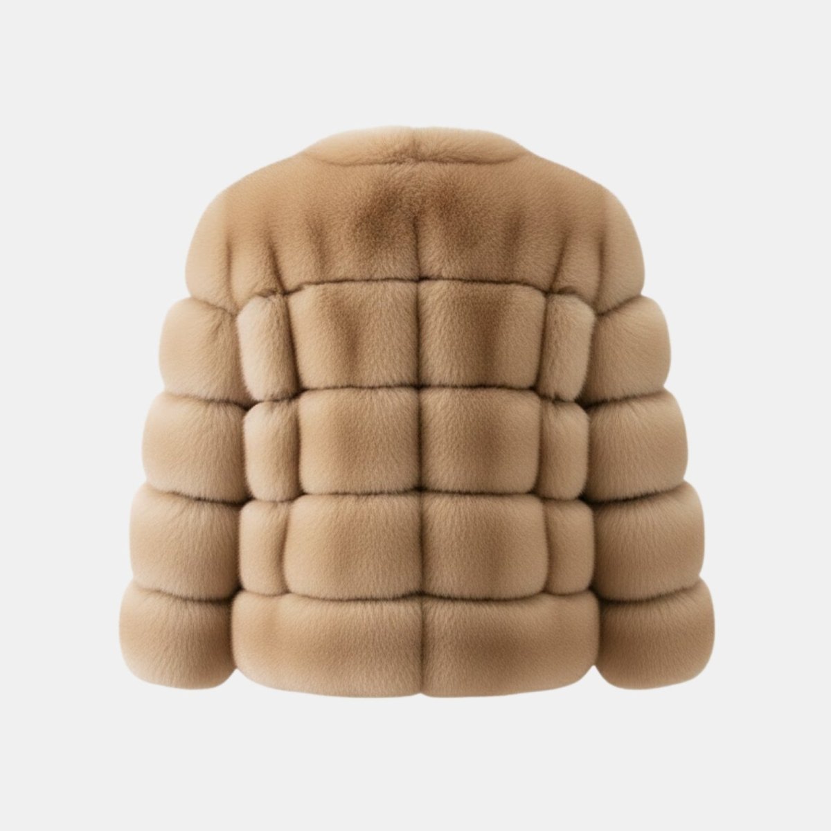Back product shot of a camel faux fur jacket showing the grid-like panel construction.