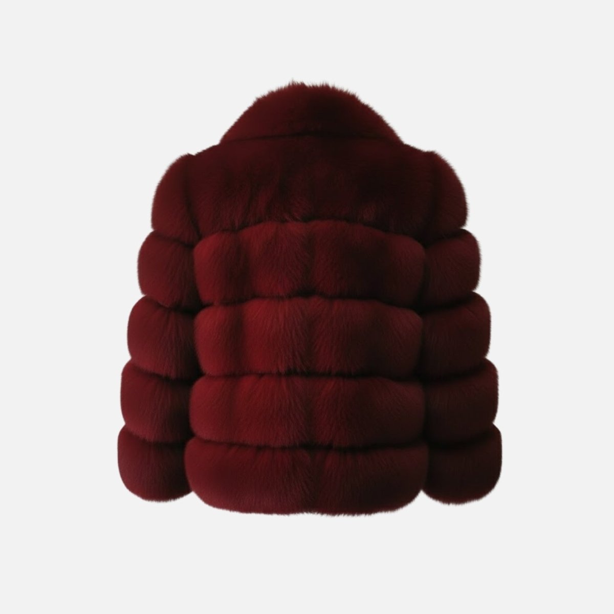 Back view of a women's cropped red faux fur jacket showcasing the horizontal paneled construction against a plain background.