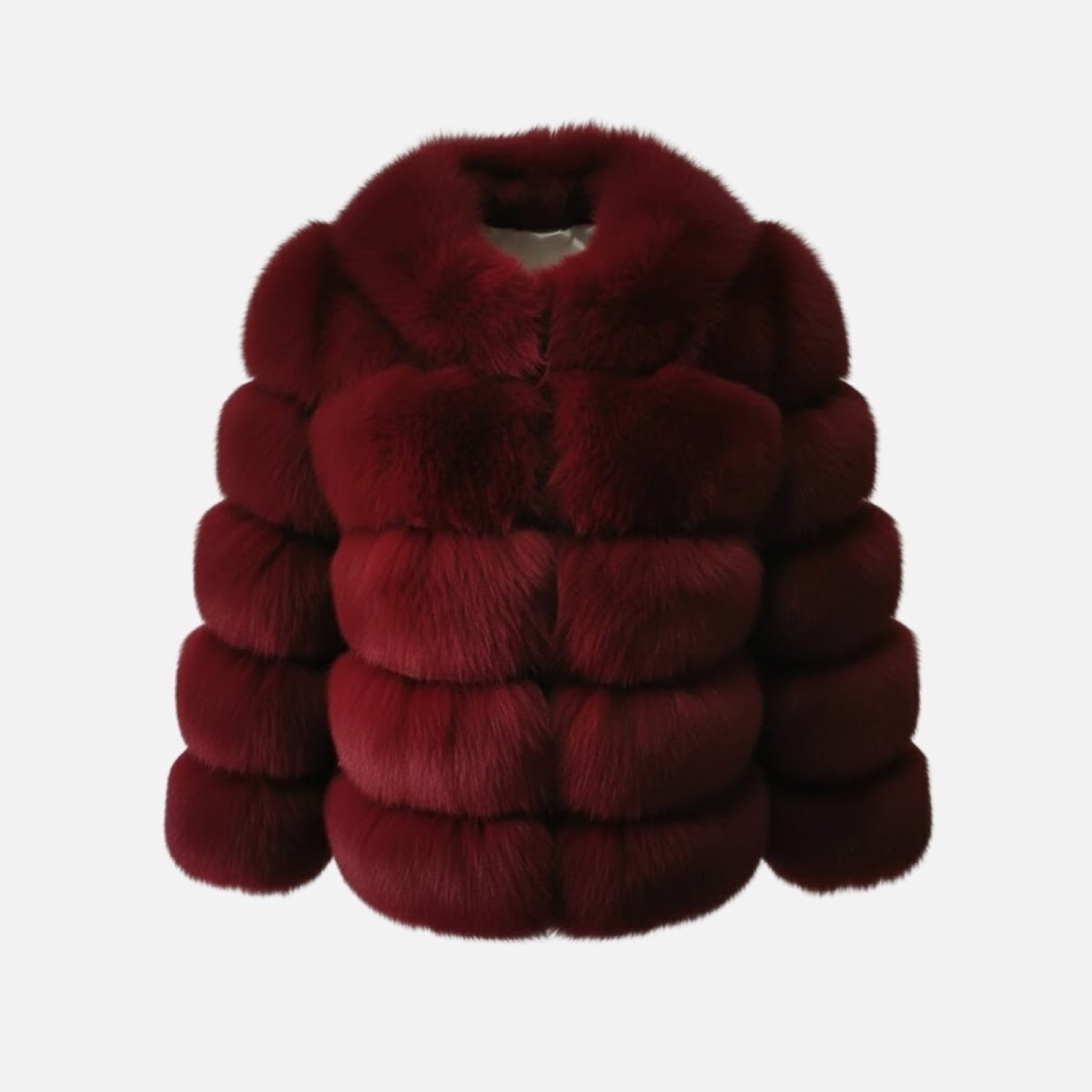 Front view of a women's crimson red paneled faux fur jacket with a plush high collar on a plain background.
