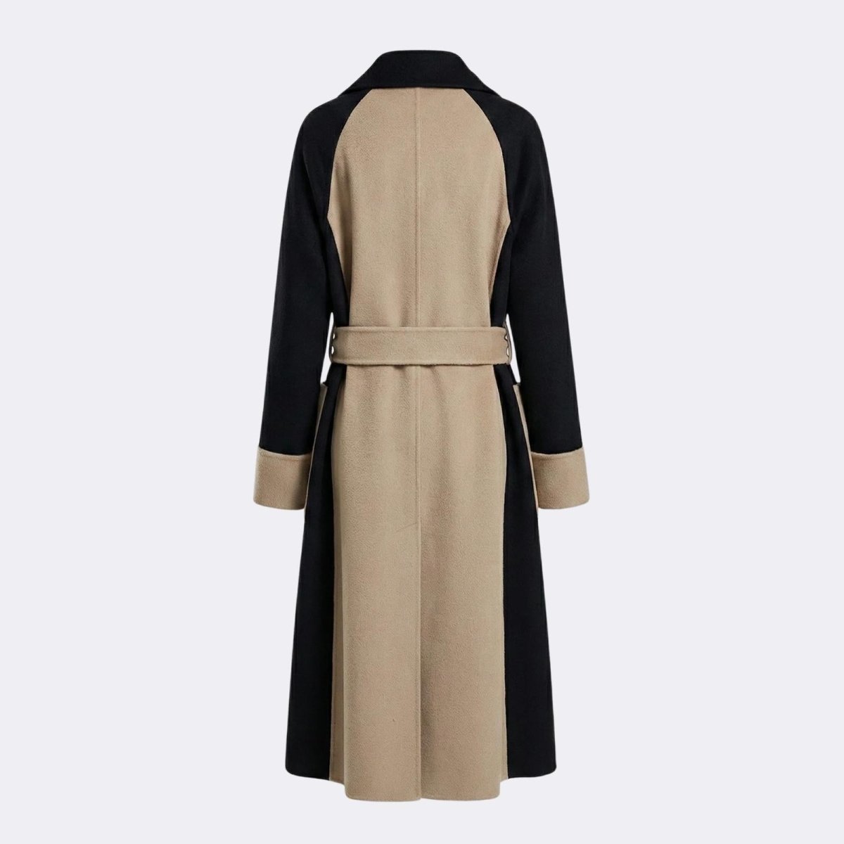 Detail shot of the back of the Madison coat on a mannequin, focusing on the quality of the wool fabric and belt construction.