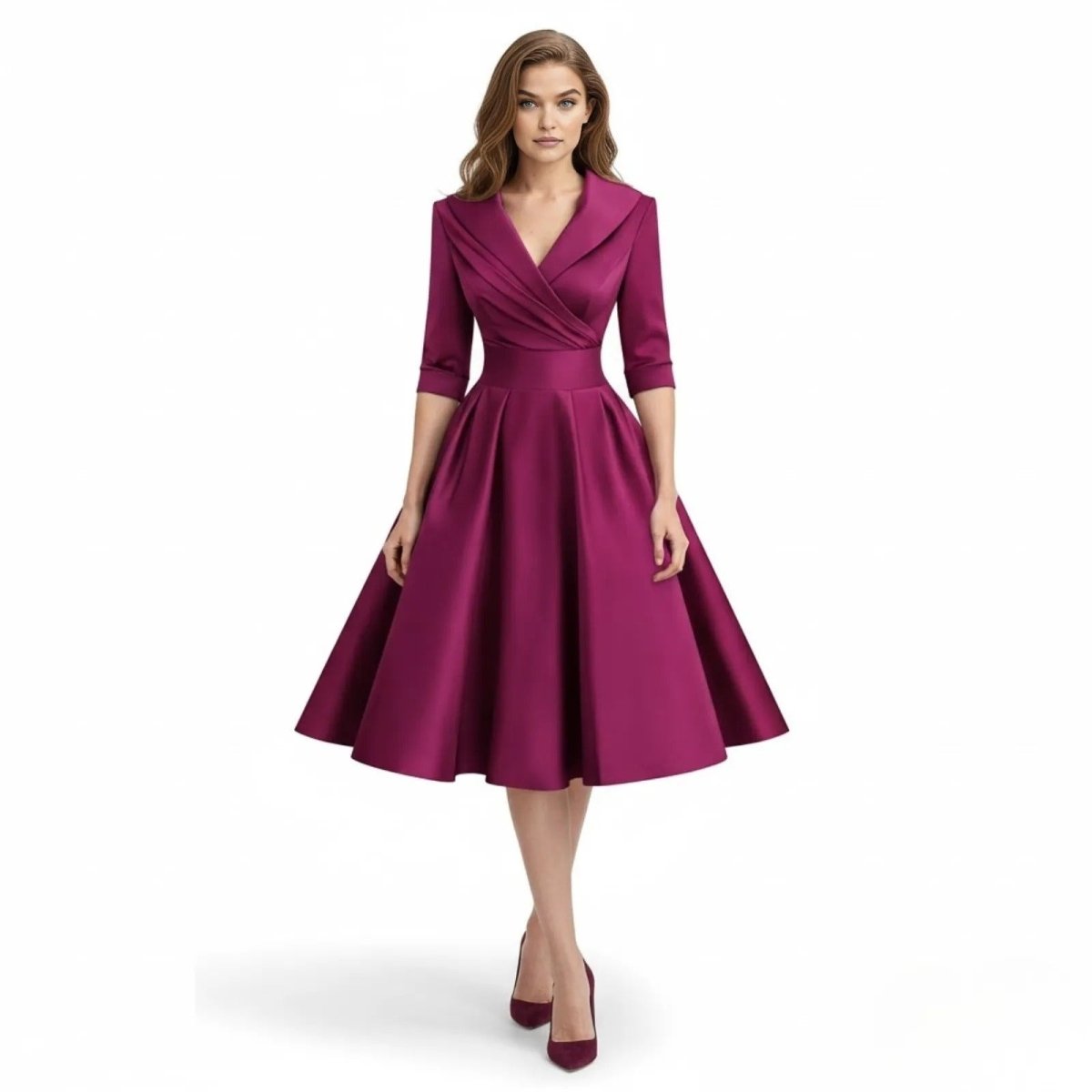 Model wearing the Kouvr Fashion magenta fit and flare midi dress with a wide shawl collar and 3/4 sleeves, viewed from the front.