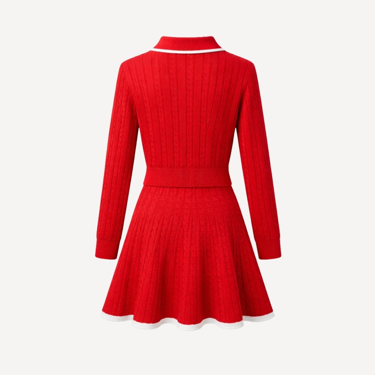 Back view flat lay of the Kouvr Fashion two-piece red knit outfit, detailing the cable knit pattern on the sweater and skirt.