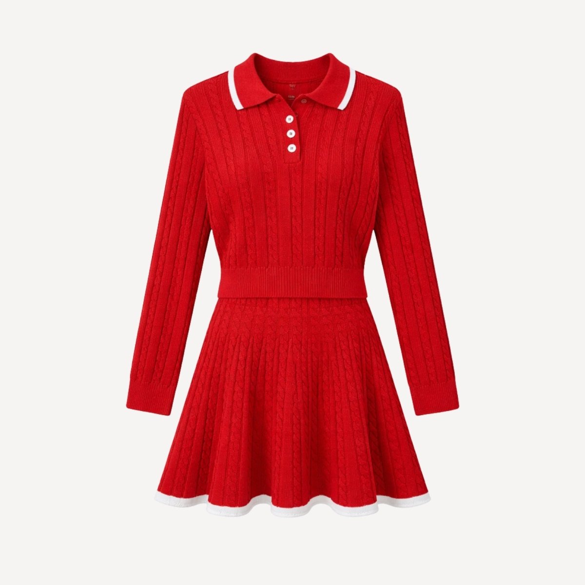 Flat lay of a red cable knit polo shirt and matching skirt set with white trim on the collar and hem, from Kouvr Fashion.