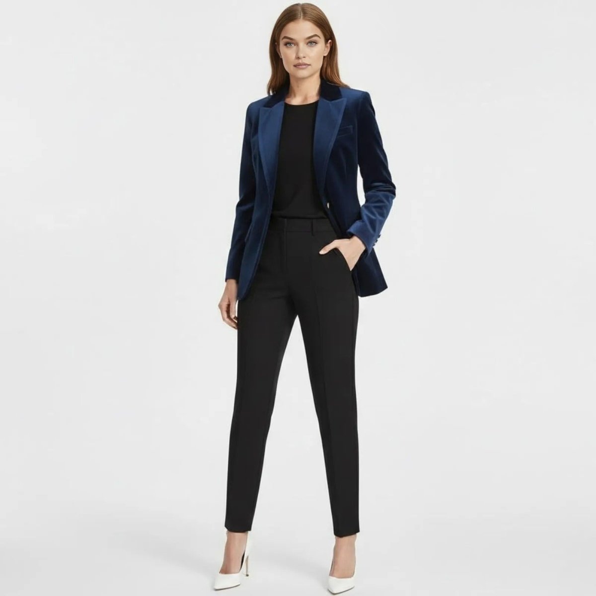 A female model wearing the Kouvr Fashion Maribel blue velvet blazer with black trousers and white heels, facing forward.