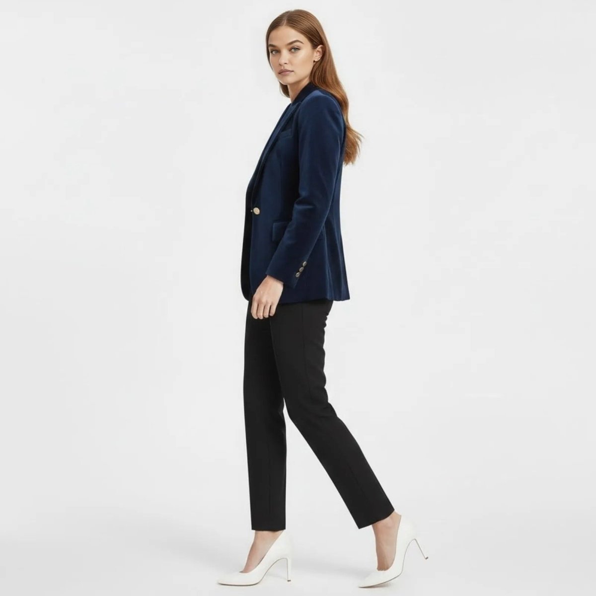 Side profile of a female model in the Kouvr Fashion blue velvet tuxedo style blazer, showing the tailored fit and gold cuff buttons.