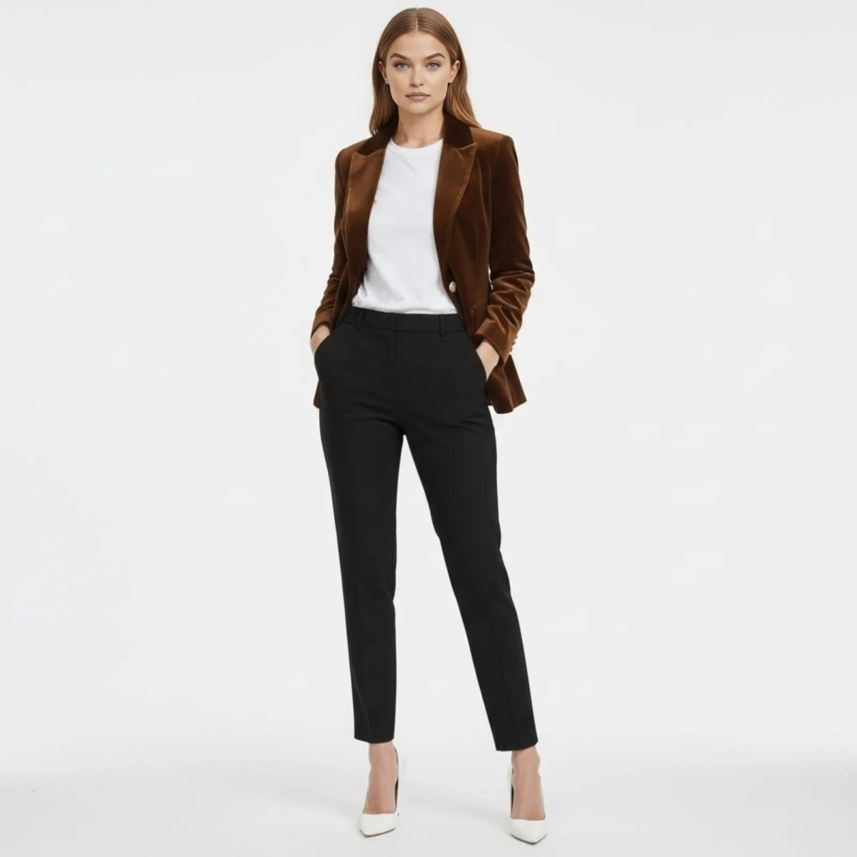 Model wearing the Maribel brown velvet blazer from Kouvr Fashion, styled with a white t-shirt and black tailored trousers, shown from the front.