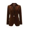 Product shot of the Kouvr Fashion Maribel brown velvet blazer laid flat, showing the contrast collar, single pearl button, and rich texture.