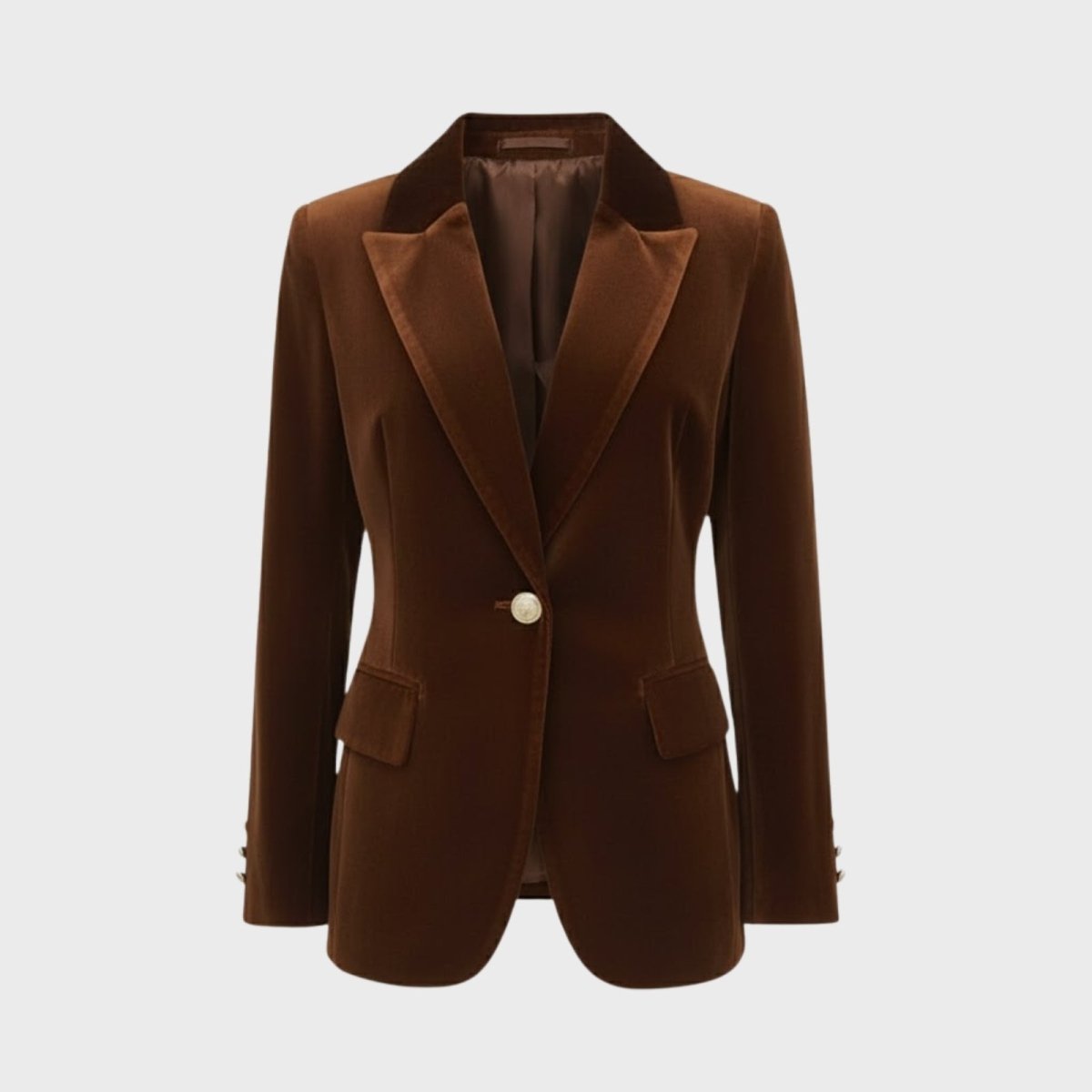 Product shot of the Kouvr Fashion Maribel brown velvet blazer laid flat, showing the contrast collar, single pearl button, and rich texture.