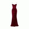 Maroon kouvr evening gown with ruffled details on a white background