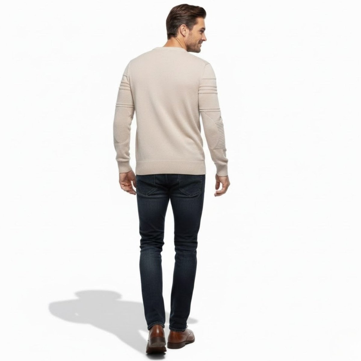 Back view of the Kouvr Fashion men's apricot long sleeve sweater, highlighting the textured detailing on the upper arms.