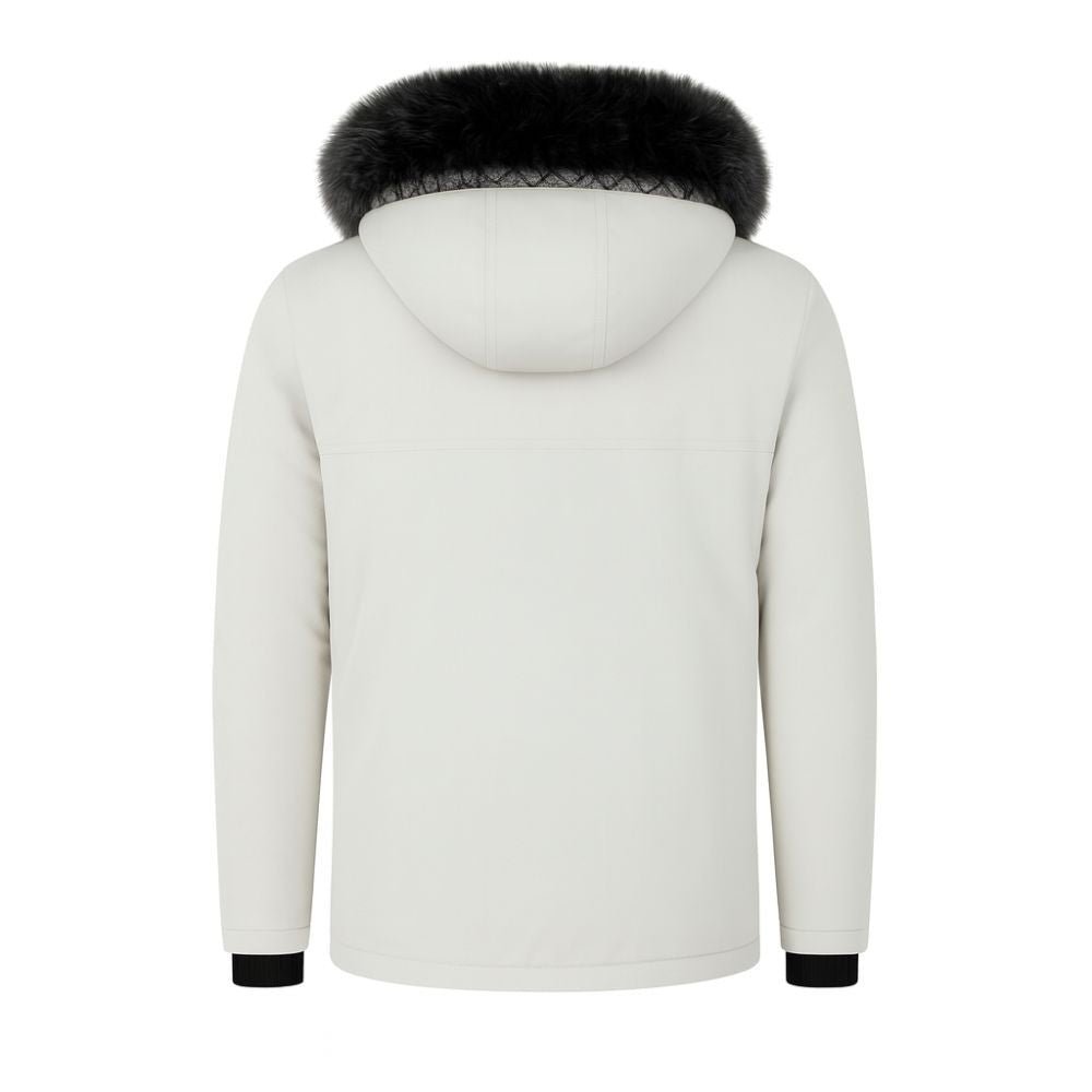 White kouvr winter jacket with black fur hood on a white background