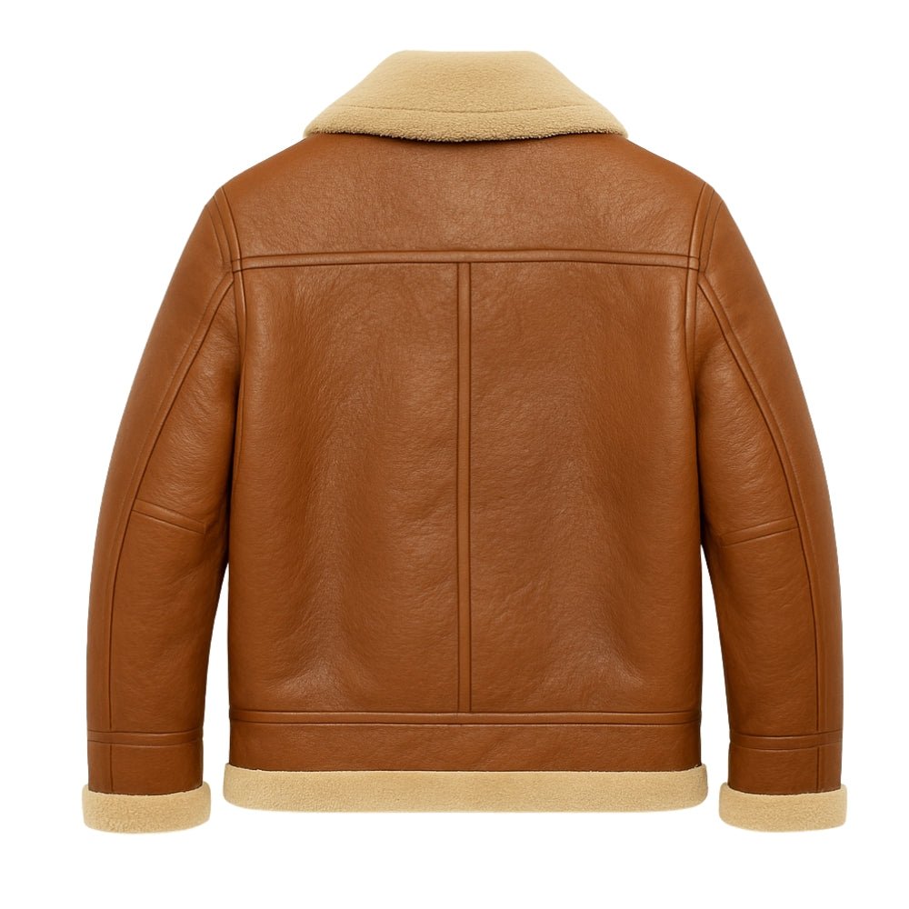 Brown Kouvr leather jacket with beige collar and cuffs on a white background