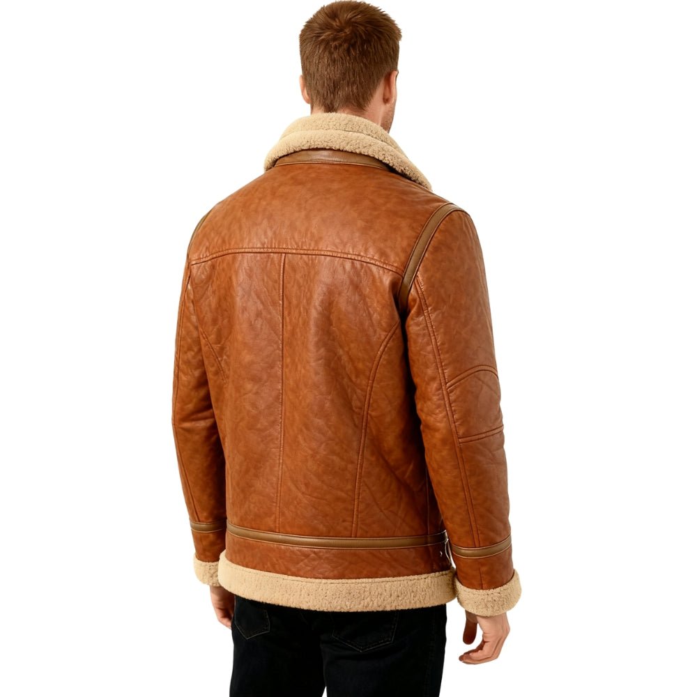 Brown Kouvr leather jacket with beige fur lining on a white background