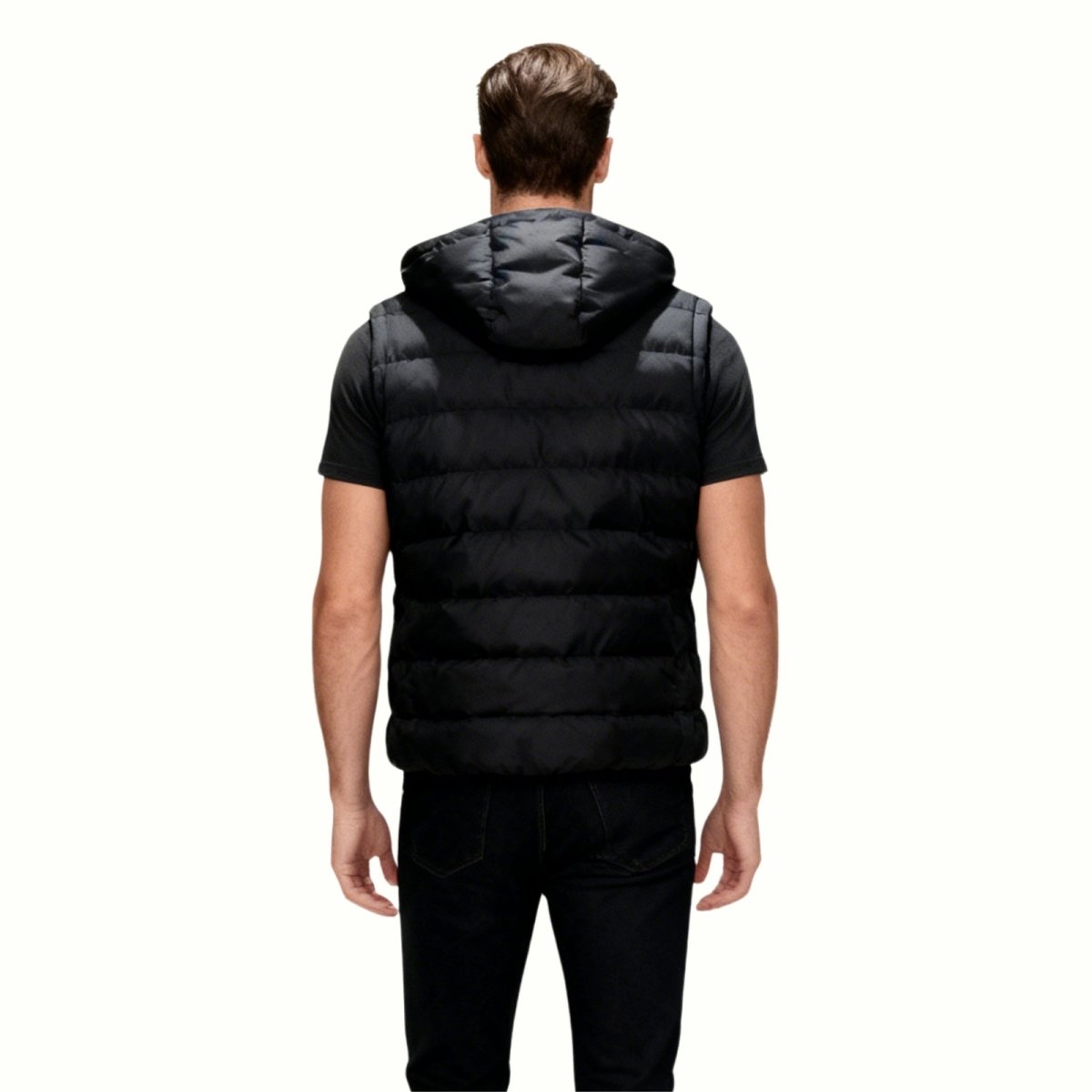 Rear view of the Kouvr Fashion men's black hooded puffer vest, highlighting the quilted back and hood design.