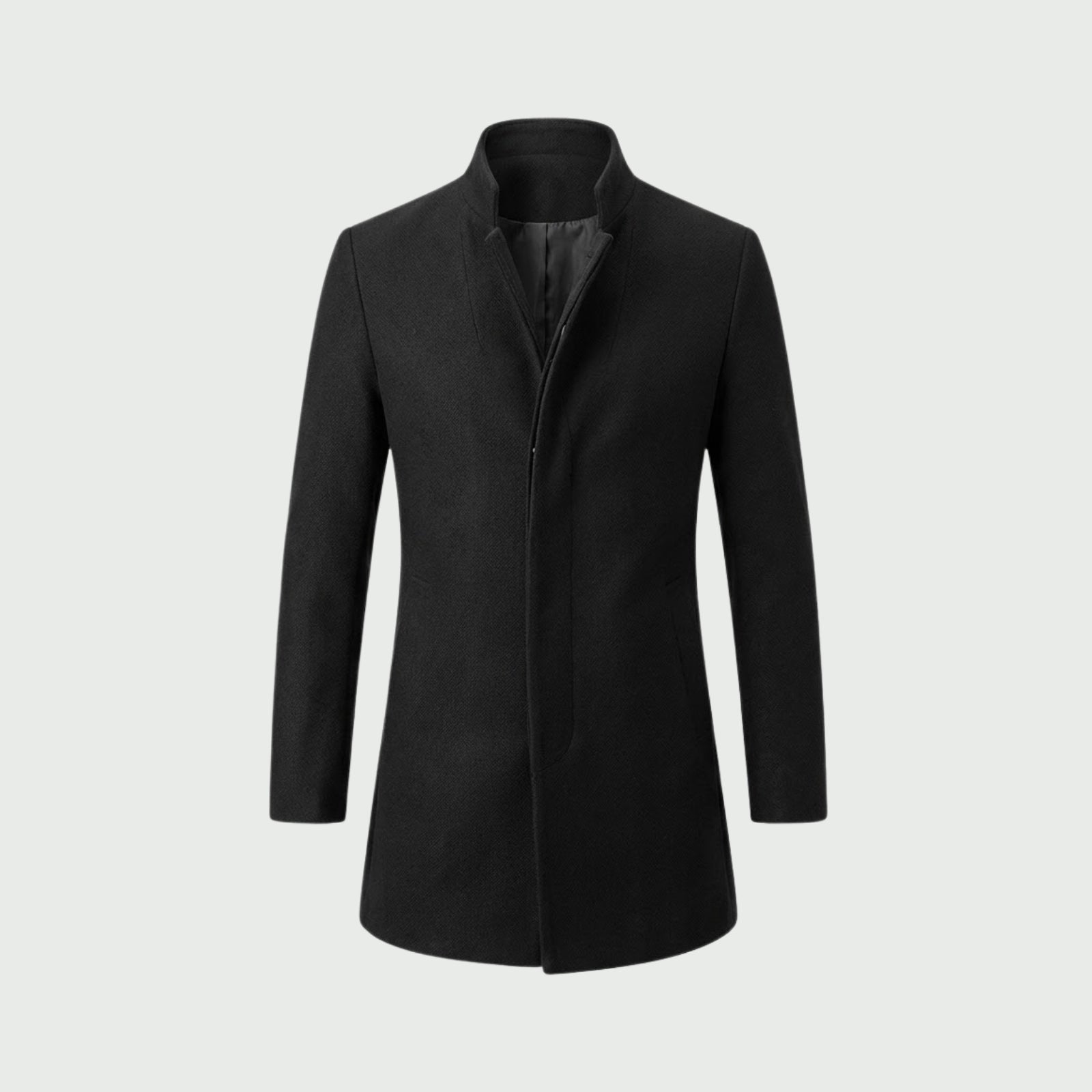 Product-only photo of the Kouvr Fashion Archie black wool overcoat with a stand collar, shown flat on a light grey background.
