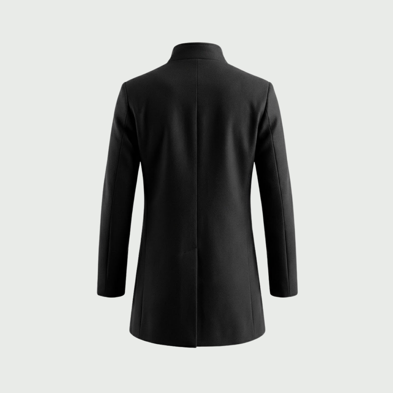 Product-only back view of the Kouvr Fashion men's black stand collar overcoat on a light grey background.