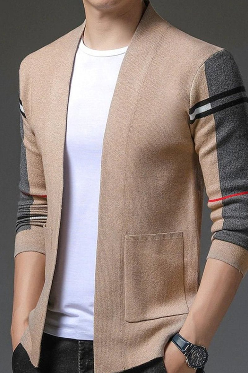 Model wearing Kouvr Fashion Men's Slim Fit Brown and Grey Open Front Cardigan
